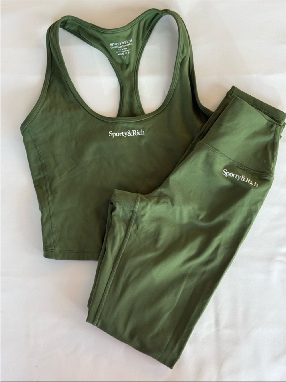 Sporty & Rich Olive Green Active Set - Cropped Tank & Leggings Size Small